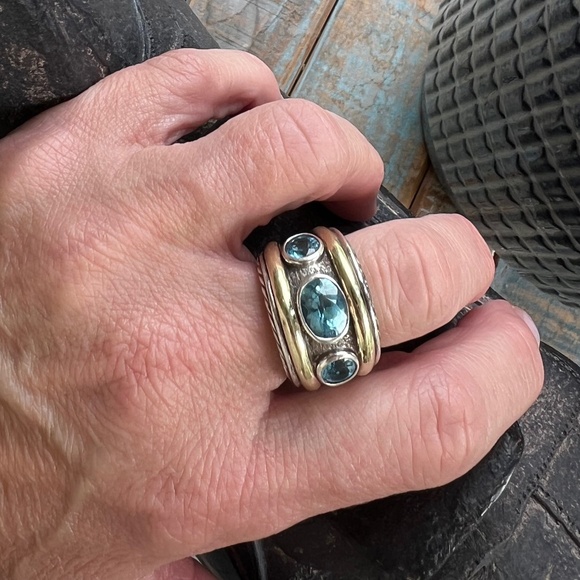 DAVID YURMAN Sterling Silver 14K Yellow Gold Blue Topaz Renaissance Ring Size 7 - Picture 10 of 10